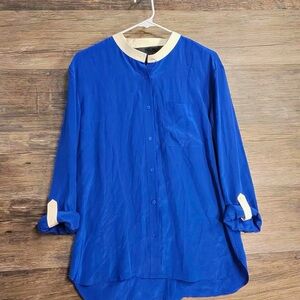 Miss WU Chic Blue Women's Silk Blouse with Cream Accents